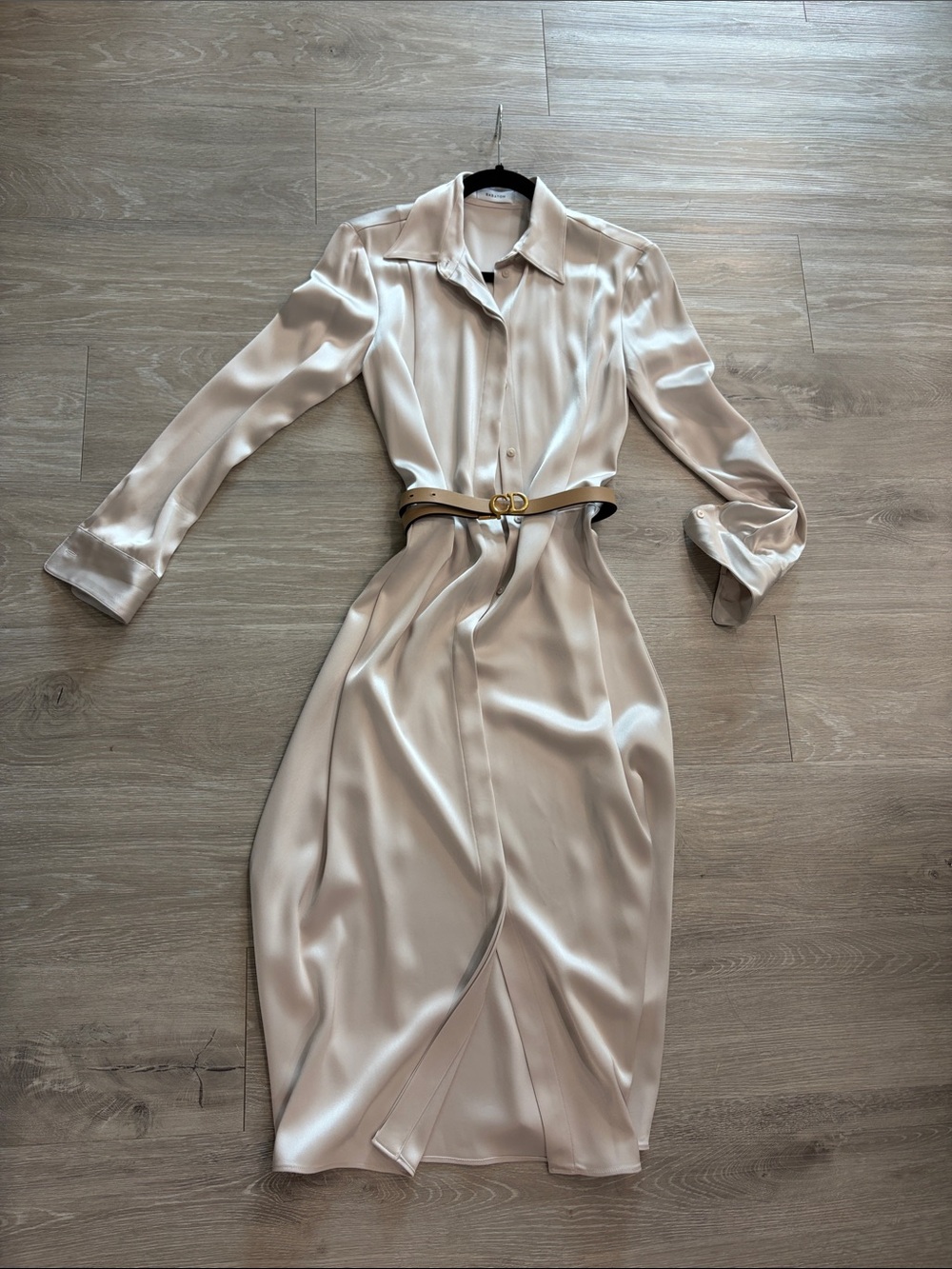 Babaton Satin Long Sleeve Shirt Dress in Light Champagne